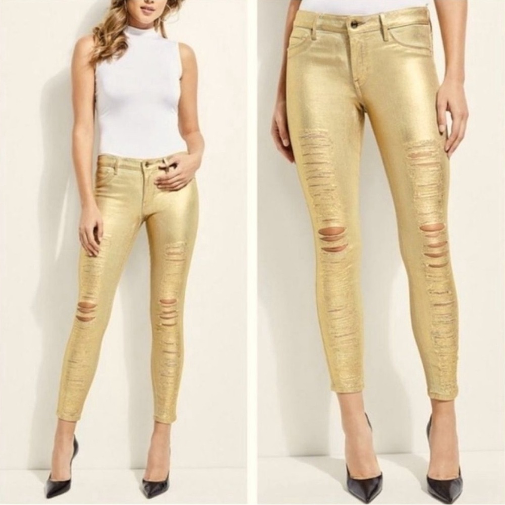 Guess Sexy Curve Gold Metallic High Rise Skinny Jeans